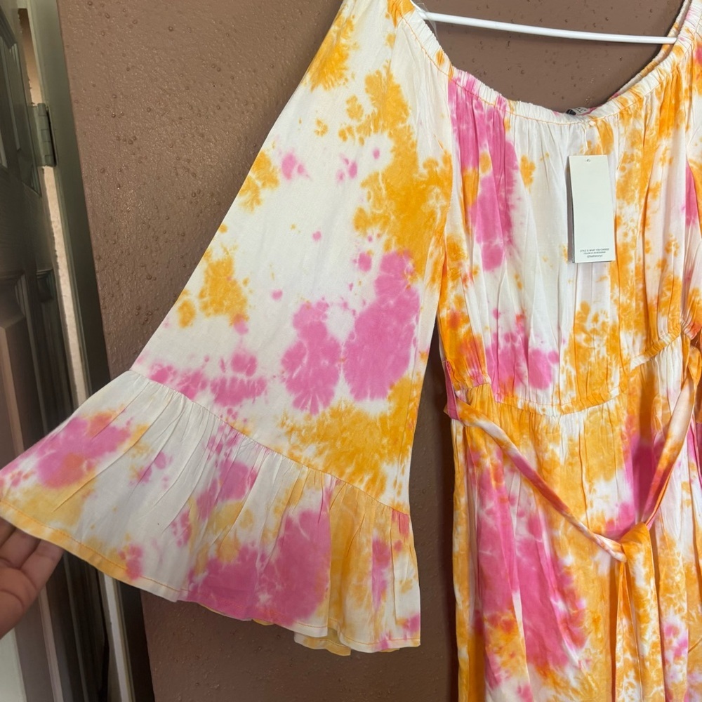 Feathers Pink Orange Tie Dye Off The Shoulder Bell Sleeve Mini Dress XL NWT - Picture 3 of 5